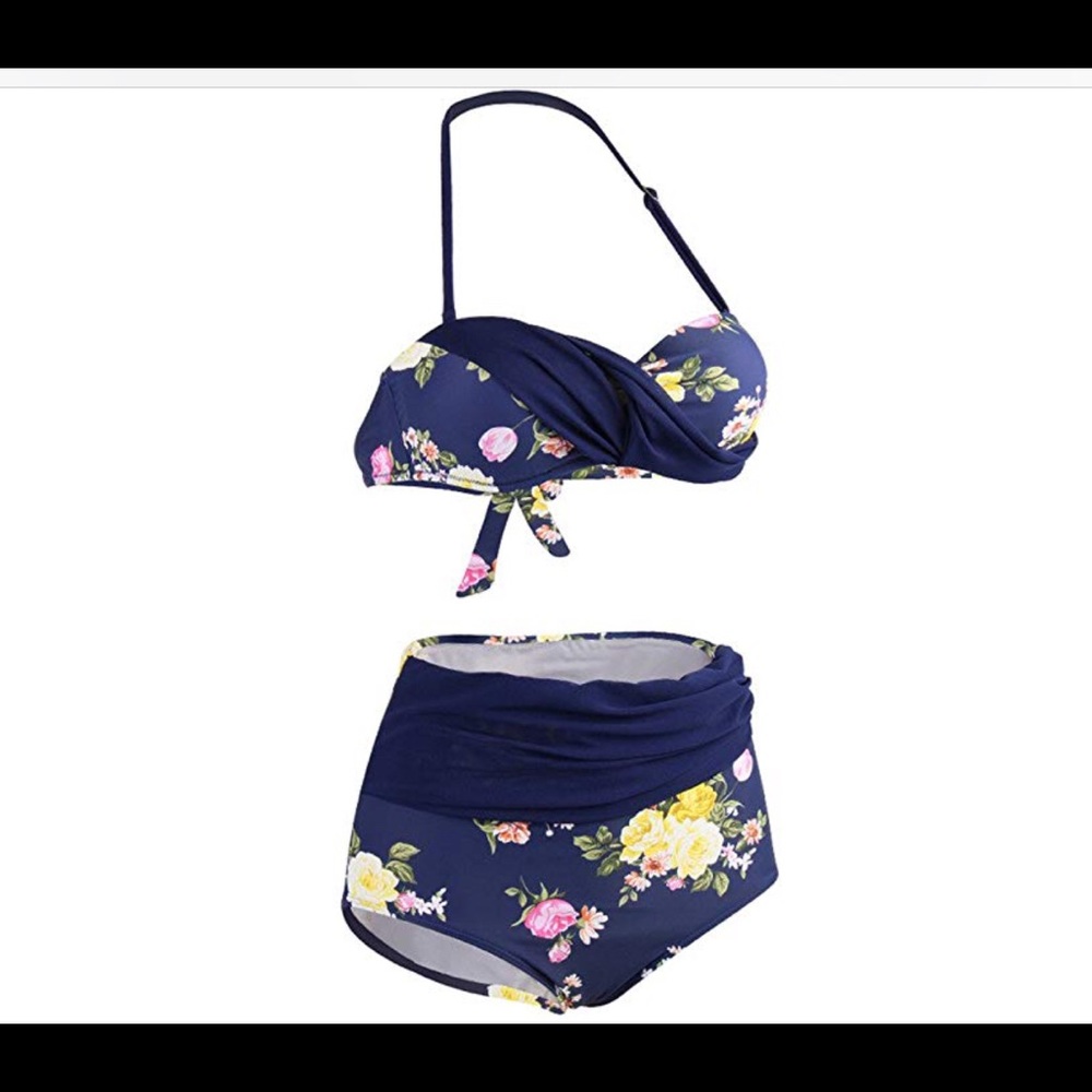 Flattering retro vintage style blue floral bikini 12-14 halter top high waist - Picture 1 of 8